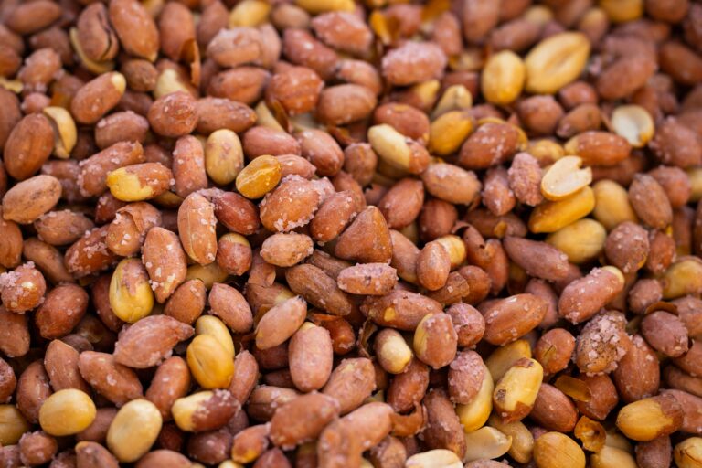 A close-up shot of salted roasted peanuts showcasing texture and seasoning.