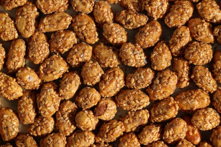 A close-up of delicious candied peanuts showcasing their crunchy texture.