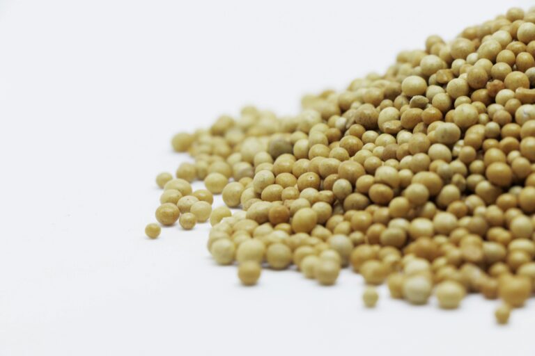 A close-up image showing a pile of brown mustard seeds on a white surface, highlighting their texture and color.