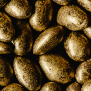 Close-up of golden chocolate coated almonds, perfect for gourmet snacks and desserts.