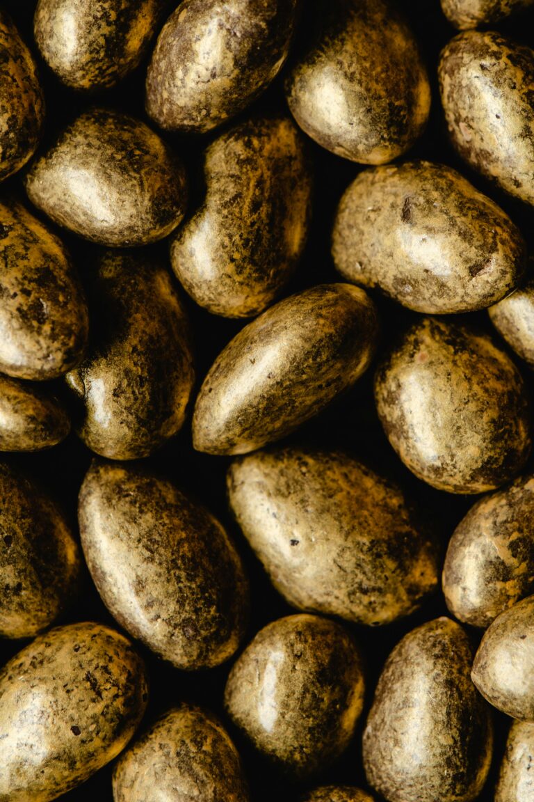 Close-up of golden chocolate coated almonds, perfect for gourmet snacks and desserts.